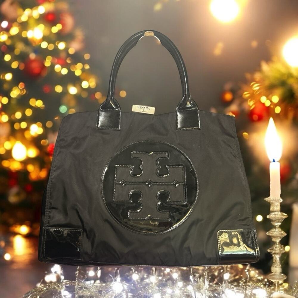 Tory Burch Black Nylon Tote with Patent Logo